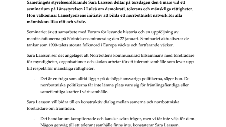 Sara Larsson välkomnar norrbottniskt nätverk för alla människors lika rätt och värde
