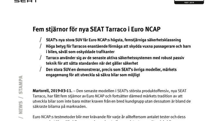 Fem stjärnor för nya SEAT Tarraco i Euro NCAP