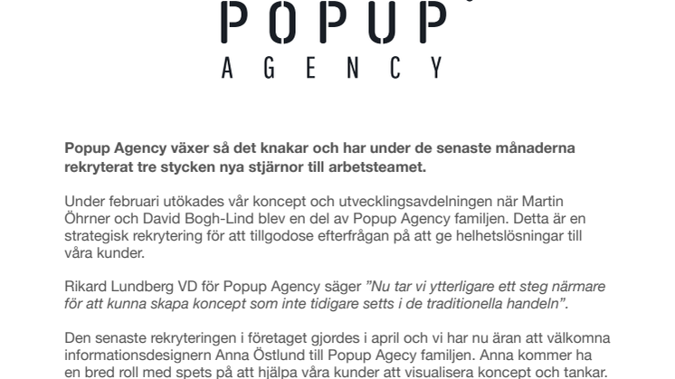 Popup Agency växer och rekryterar 3 personer