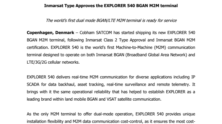 Cobham SATCOM: Inmarsat Type Approves the EXPLORER 540 BGAN M2M Terminal