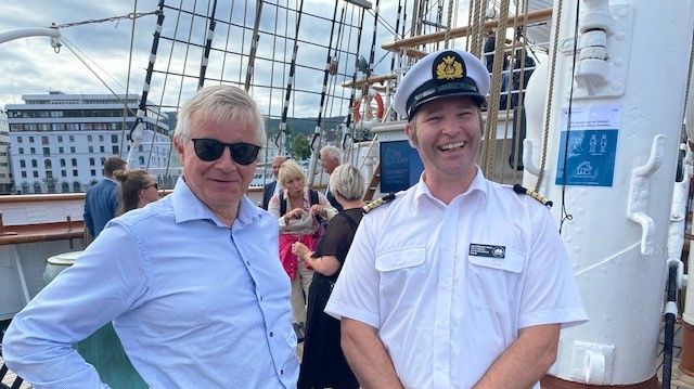 Kongsberg Maritime President Egil Haugsdal and Chief Jonas Jensen on board Statsraad Lehmkuhl