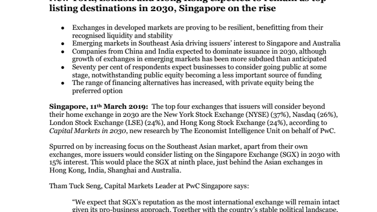 New York, London and Hong Kong expected to remain as top listing destinations in 2030, Singapore on the rise