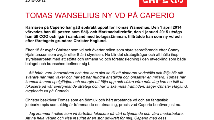 TOMAS WANSELIUS NY VD PÅ CAPERIO