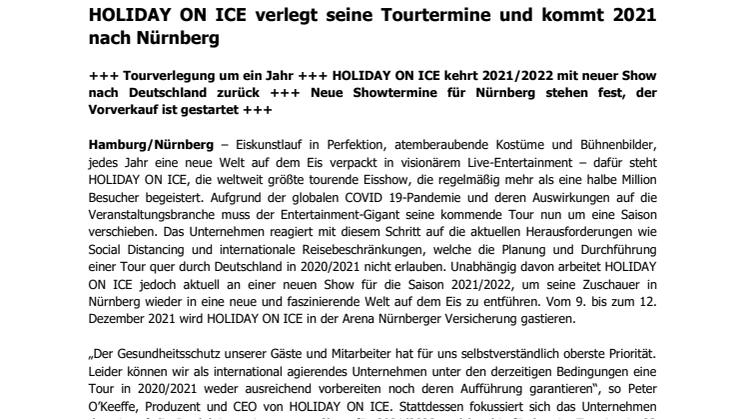 HOLIDAY ON ICE verlegt seine Tourtermine und kommt 2021 nach Nürnberg