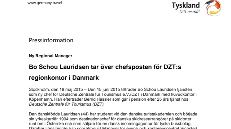 Bo Schou Lauridsen tar över chefsposten för DZT i Nordosteuropa och regionkontoret i Danmark