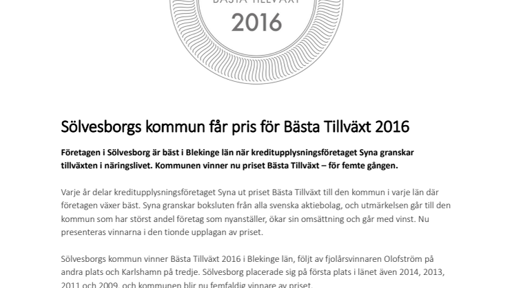 Sölvesborgs kommun får pris för Bästa Tillväxt 2016