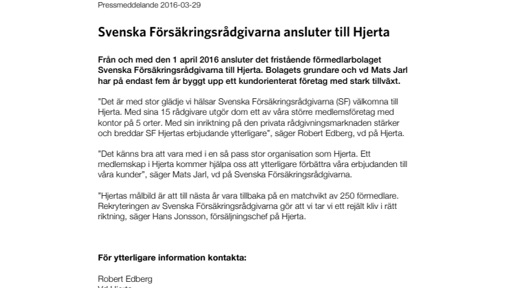 Svenska försäkringsrådgivarna ansluter till Hjerta