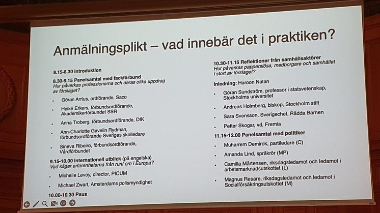 Programmet var digert vid riksdagsseminariet om anmälningsplikten 25 maj 2024.