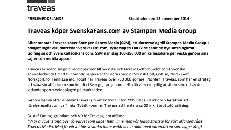 ​Traveas köper SvenskaFans.com av Stampen Media Group