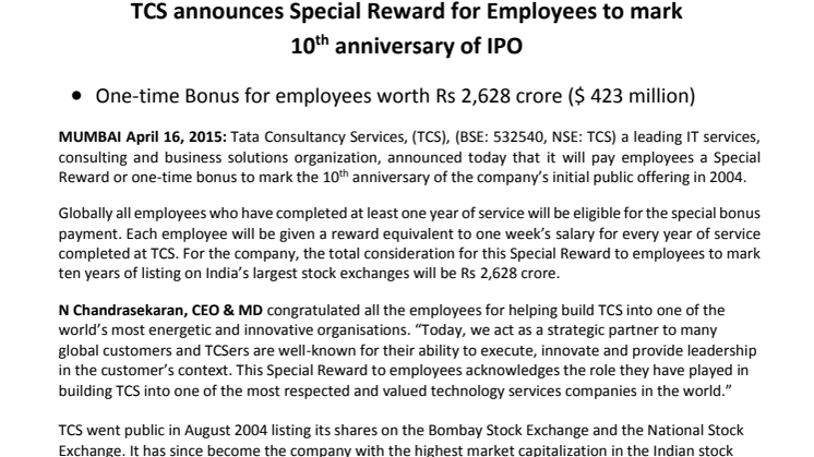 TCS announces special reward for employees