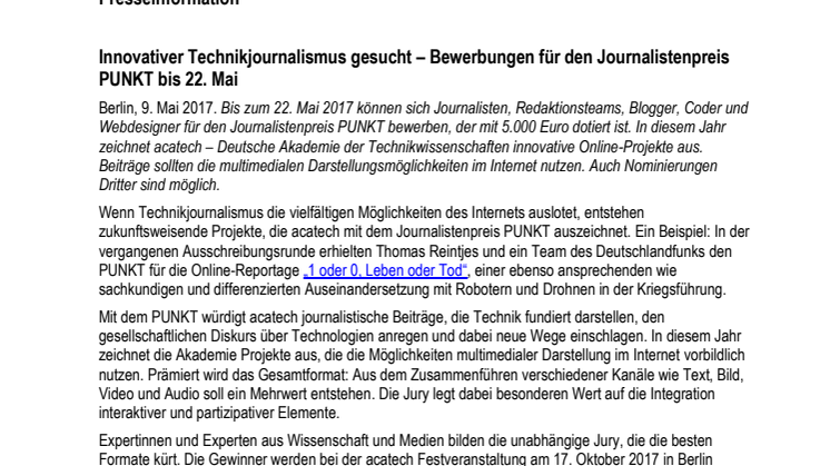 Innovativer Technikjournalismus gesucht – Bewerbungen für den Journalistenpreis PUNKT bis 22. Mai