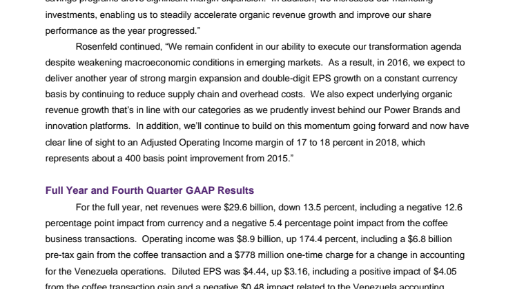 MONDELĒZ INTERNATIONAL REPORTS 2015 RESULTS AND PROVIDES 2016 OUTLOOK AND 2018 MARGIN TARGET