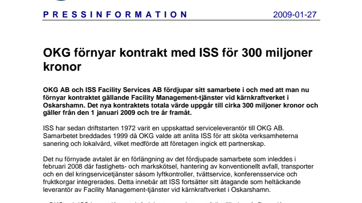 OKG förnyar kontrakt med ISS för 300 miljoner kronor 