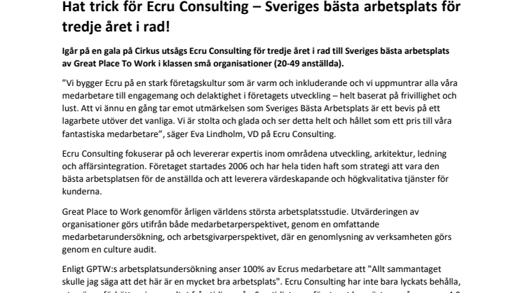 Hat trick för Ecru Consulting – Sveriges bästa arbetsplats för tredje året i rad!