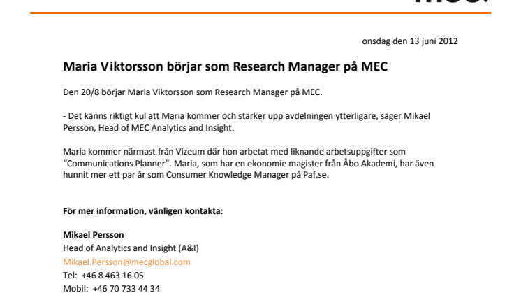 Maria Viktorsson börjar som Research Manager på MEC