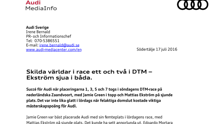 Skilda världar i race ett och två i DTM – Ekström sjua i båda.