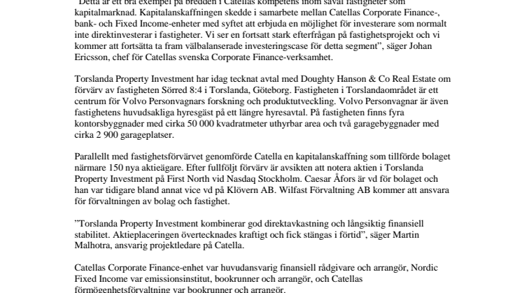 Catella etablerar Torslanda Property Investment