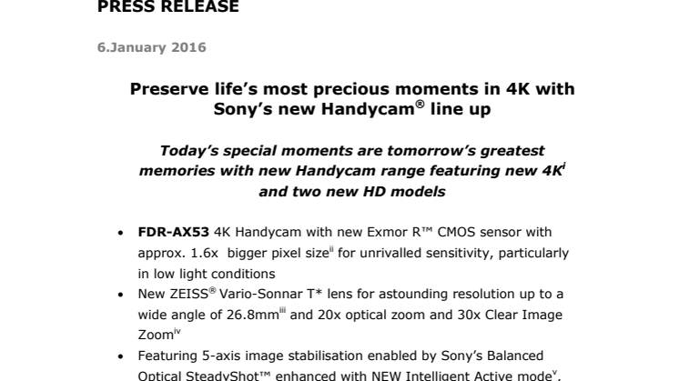 ​Ta vare på livets fineste øyeblikk i 4K med Sonys nye Handycam® -serie