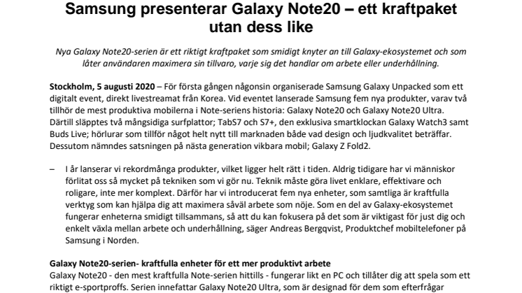 Samsung presenterar Galaxy Note20 – ett kraftpaket utan dess like
