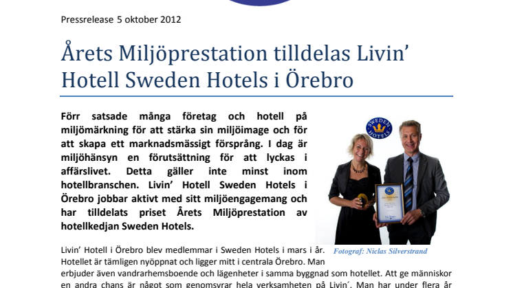 Årets Miljöprestation tilldelas Livin’ Hotell Sweden Hotels i Örebro