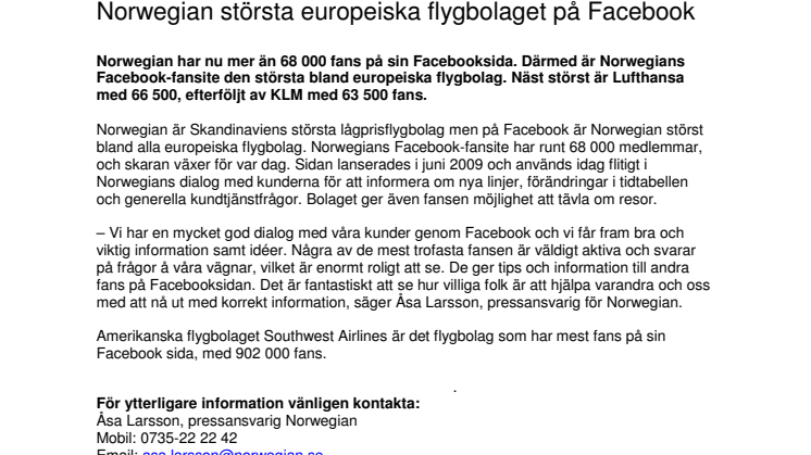 Norwegian största europeiska flygbolaget på Facebook