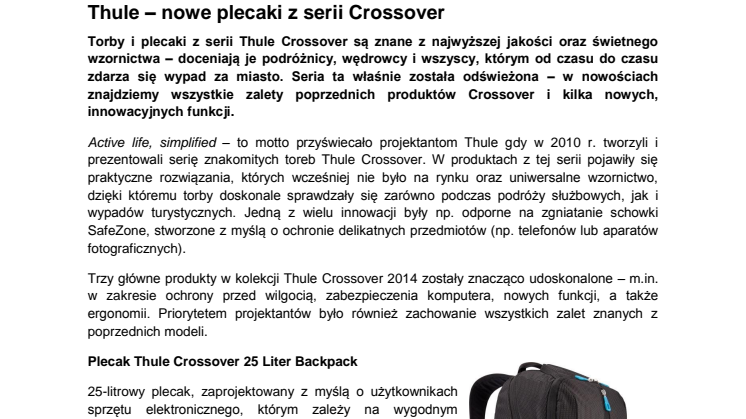 Thule – nowe plecaki z serii Crossover