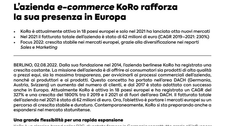 L’azienda e-commerce KoRo rafforza la sua presenza in Europa