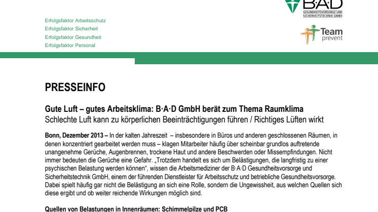 Gute Luft – gutes Arbeitsklima: B·A·D GmbH berät zum Thema Raumklima