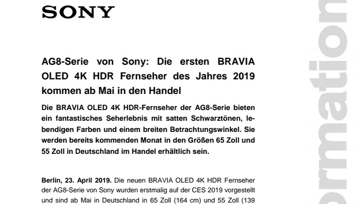 AG8-Serie von Sony: Die ersten BRAVIA OLED 4K HDR Fernseher des Jahres 2019 kommen ab Mai in den Handel