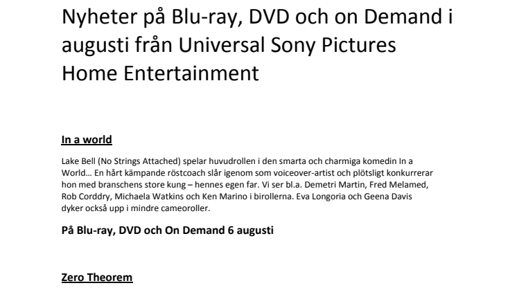 Nyheter på EST, Blu-ray, DVD och On Demand i Augusti från Universal Sony Pictures Home Entertainment