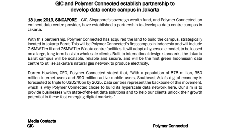 GIC and Polymer Connected establish partnership to  develop data centre campus in Jakarta