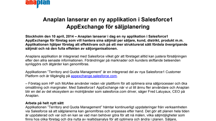 Anaplan lanserar en ny applikation i Salesforce1 AppExchange för säljplanering