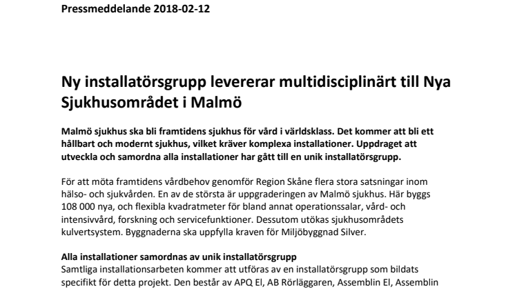 Ny installatörsgrupp levererar multidisciplinärt till Nya Sjukhusområdet i Malmö