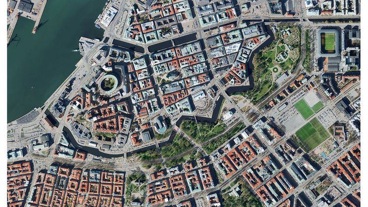 Flygbild över centrala Göteborg från Ortofoto 2019. Bild: Göteborgs Stad