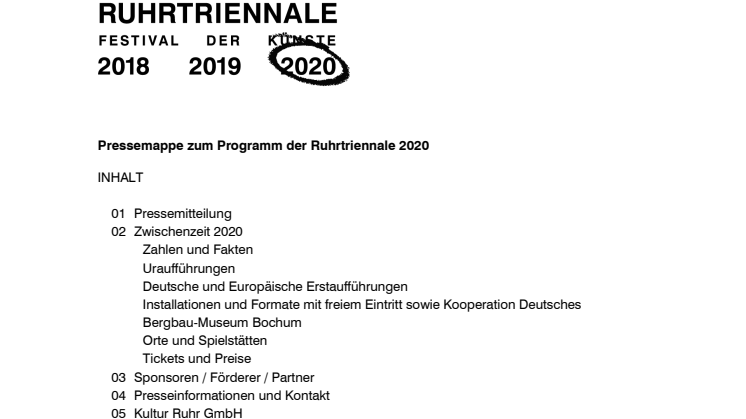 Pressemappe Programm Ruhrtriennale 2020