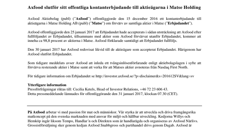 Axfood slutför sitt offentliga kontanterbjudande till aktieägarna i Matse Holding
