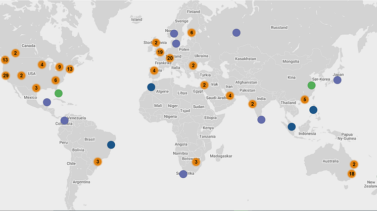 World Green Building Council har et digitalt bibliotek over bærekraftige bygg. Skjermdump: WorldGBCs Case Study Library Map.