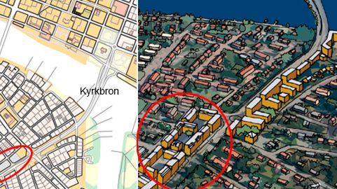 Bilden visar planområdet och ritad illustration över området från Översiktsplanen för Umeå.