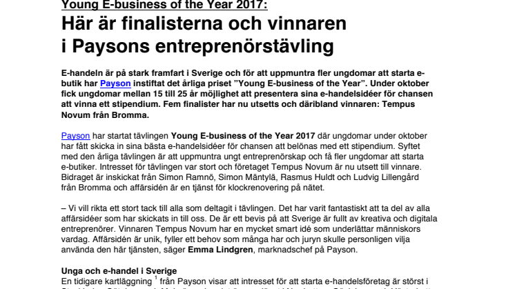 Young E-business of the Year 2017: Här är finalisterna och vinnaren  i Paysons entreprenörstävling 