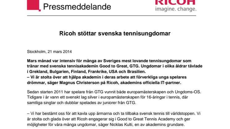 Ricoh stöttar svenska tennisungdomar