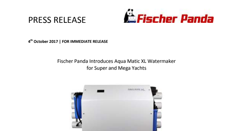 Fischer Panda Introduces Aqua Matic XL Watermaker  for Super and Mega Yachts