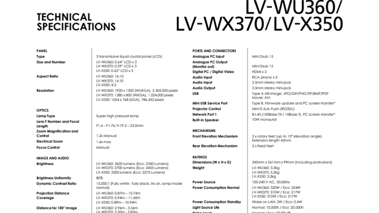 Canon LV-WU360, LV-WX370 og LV-X350 PR Spec Sheet