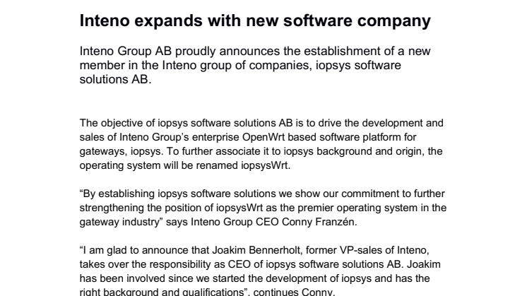 Inteno expands with new software company