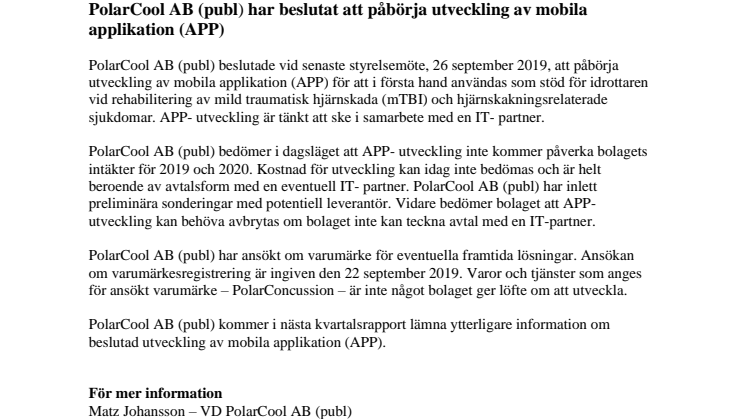 POLARCOOL AB (PUBL) HAR BESLUTAT ATT PÅBÖRJA UTVECKLING AV MOBILA APPLIKATION (APP)