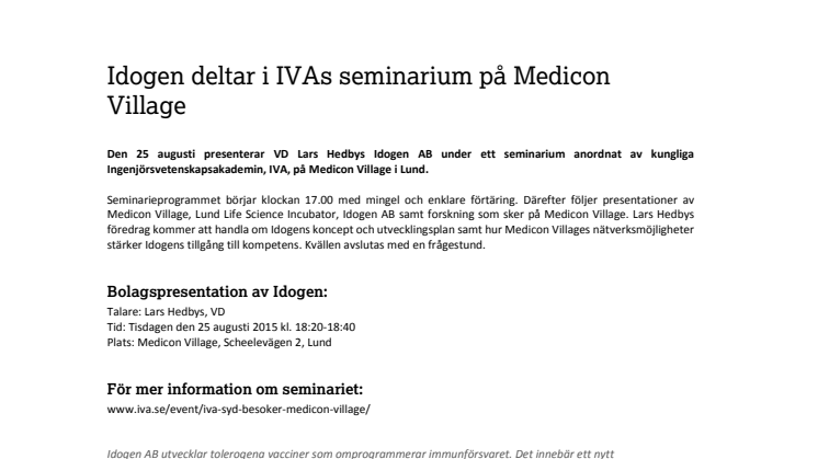 Idogen deltar i IVAs seminarium på Medicon Village