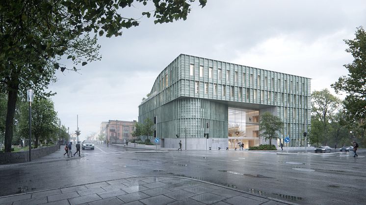 Vänersborgs nya tingsrätt binder samman parken och den äldre kvartersstaden. Illustration: Visulent