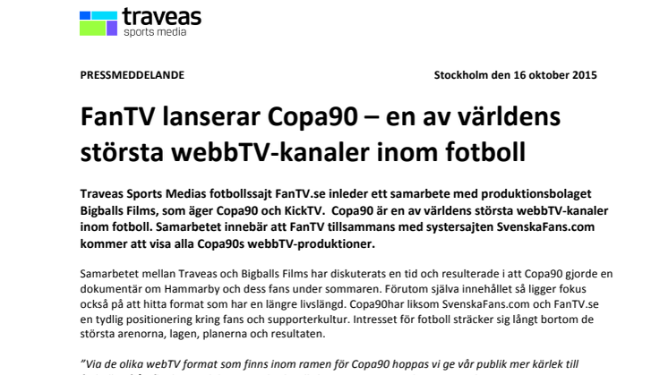 ​FanTV lanserar COPA90 – en av världens största webbTV-kanaler inom fotboll