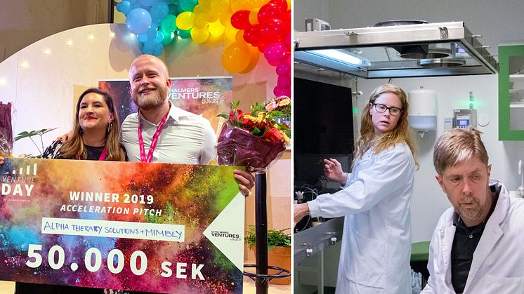 Alpha Therapy Solutions har under hösten 2019 antagits till Chalmers Ventures Accelerator. Bild t v - Milton Lönnroth, vd på  Alpha Therapy Solutions tar emot pris under Venture Day 2019. Bild t h - forskarna Emma Aneheim och Sture Lindegren.