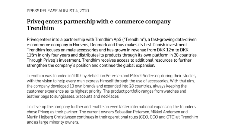 Priveq enters partnership with e-commerce company Trendhim