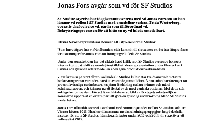 Jonas Fors avgår som vd för SF Studios